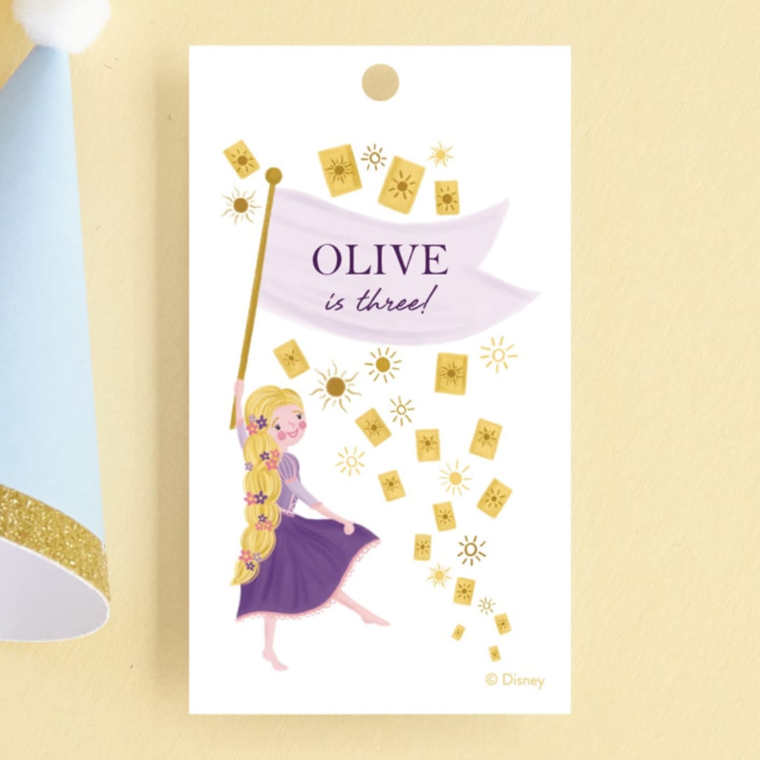 "Disney's Tangled Floral Birthday Invite" - Children's Birthday Party Favor Tags in Lilac by Katherine Dietz - Front