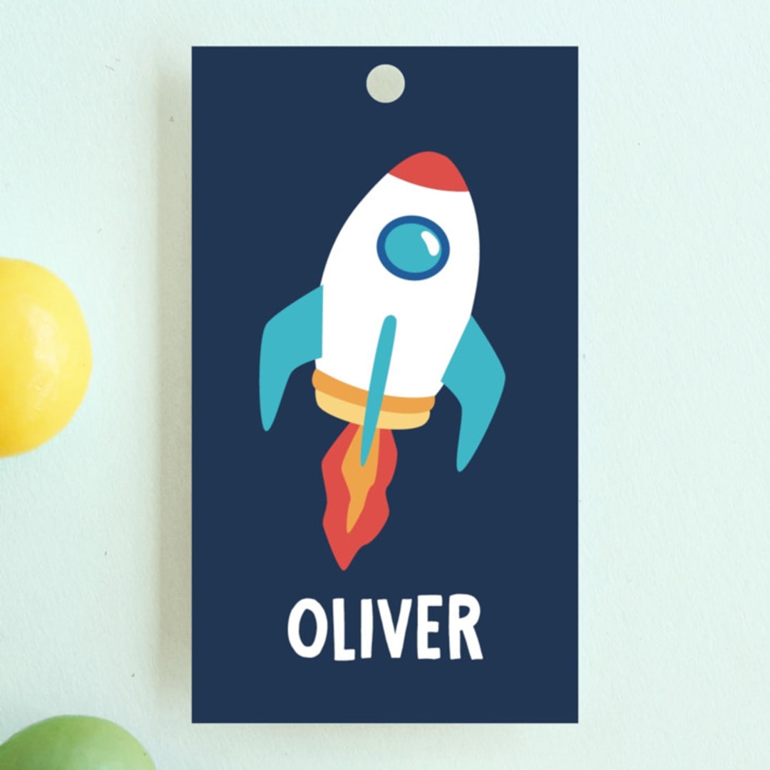 "space age" - Children's Birthday Party Favor Tags in Midnight by peetie design - Front