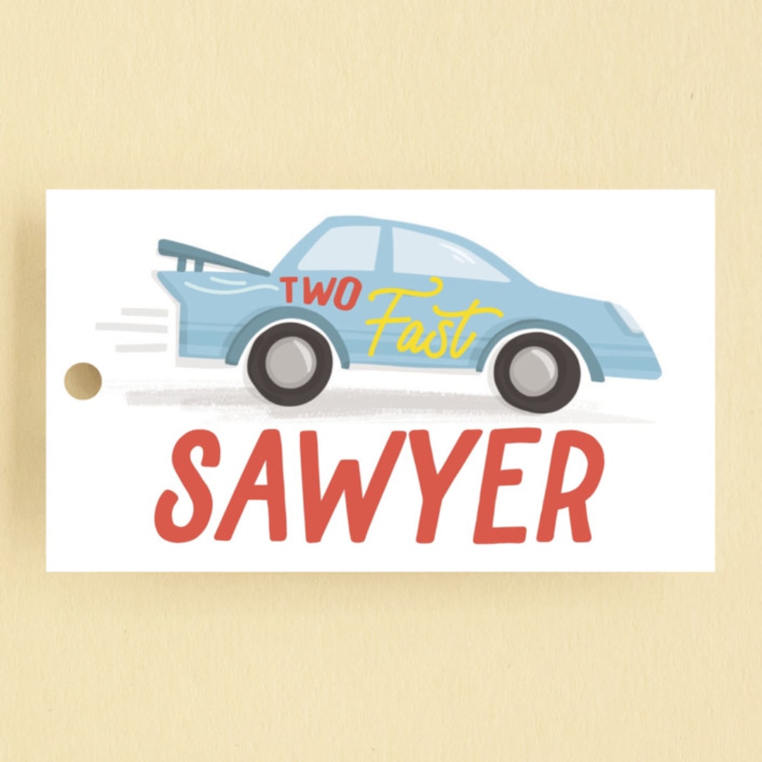 "Two Fast" - Children's Birthday Party Favor Tags in Racing Red by Jessie Steury - Front