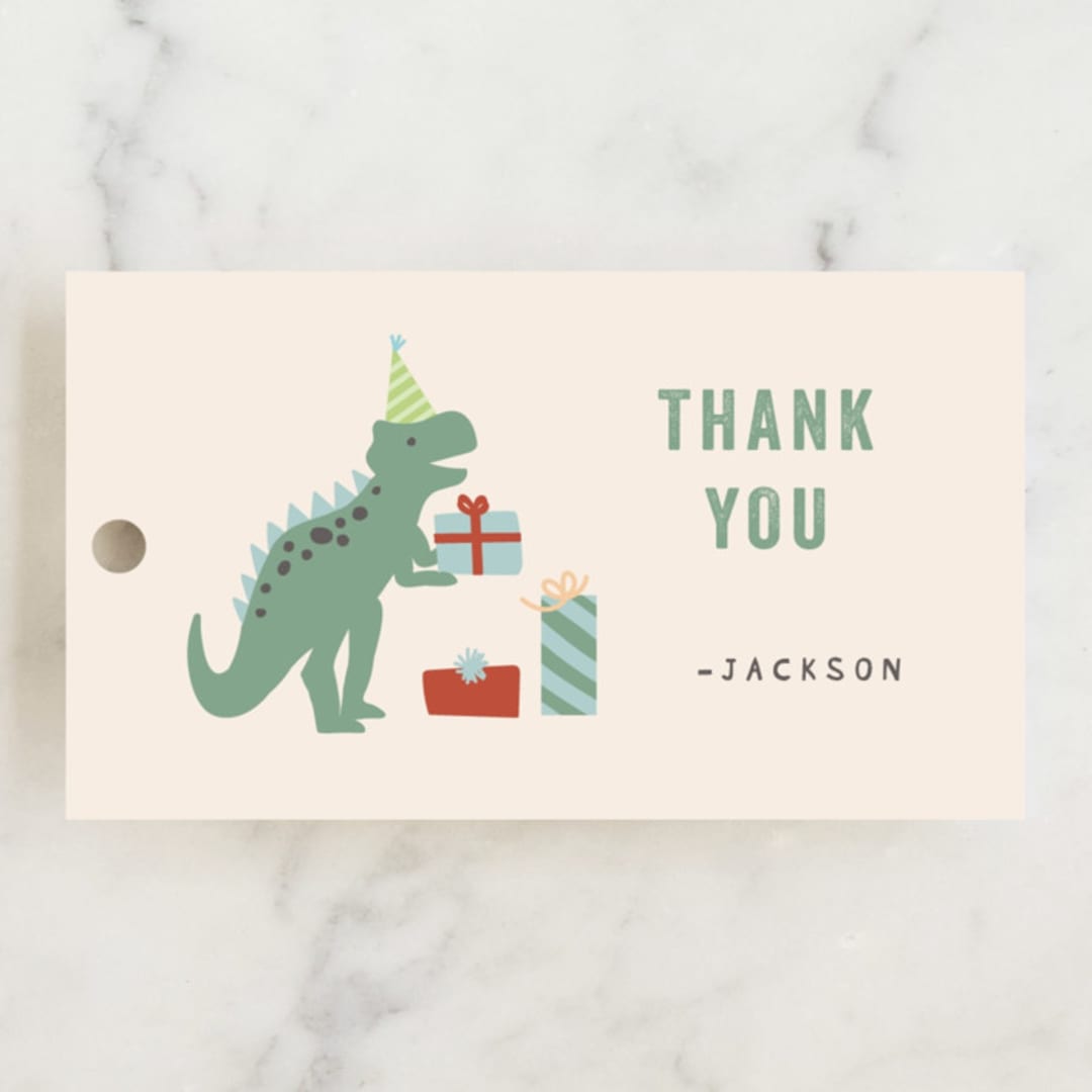 "Dino Party" - Children's Birthday Party Favor Tags in Sand by Teju Reval - Front