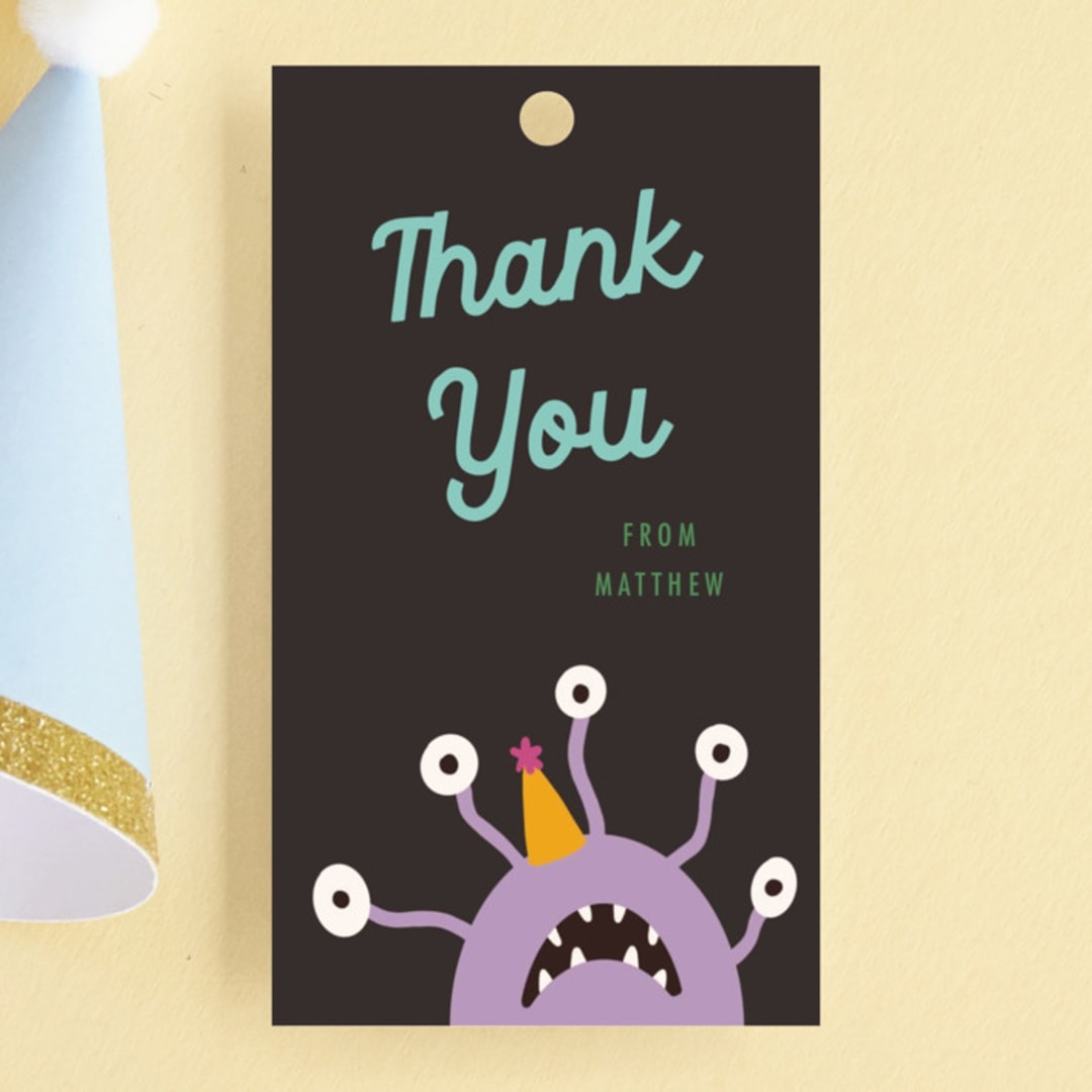 "Monsters" - Children's Birthday Party Favor Tags in Midnight by Morgan Kendall - Front