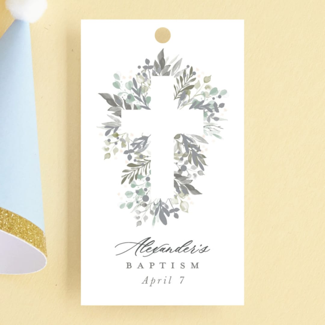 "Foliage Cross" - Children's Birthday Party Favor Tags in Eucalyptus by Hudson meet Rose - Front