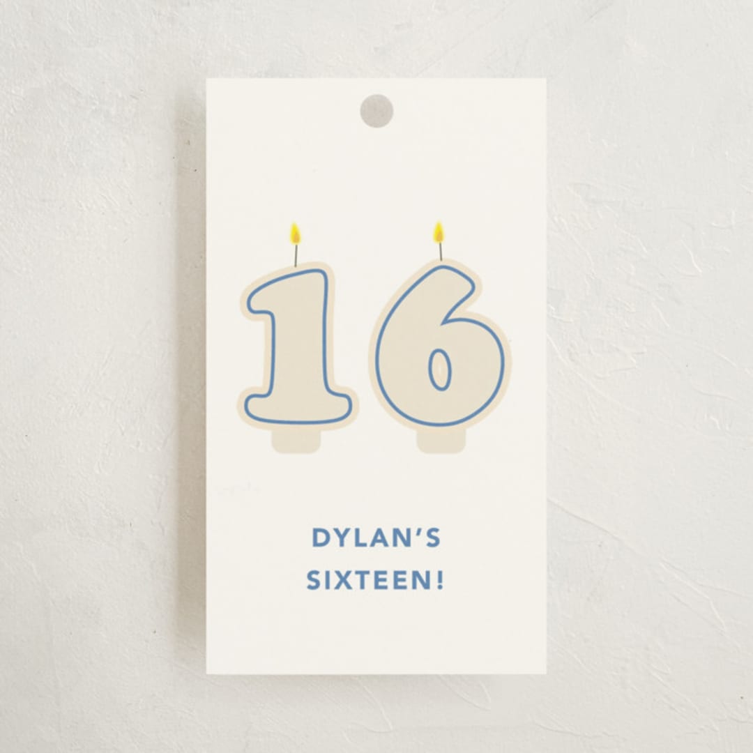 "Retro Sixteen Candles" - Children's Birthday Party Favor Tags in Azure by Baumbirdy - Front