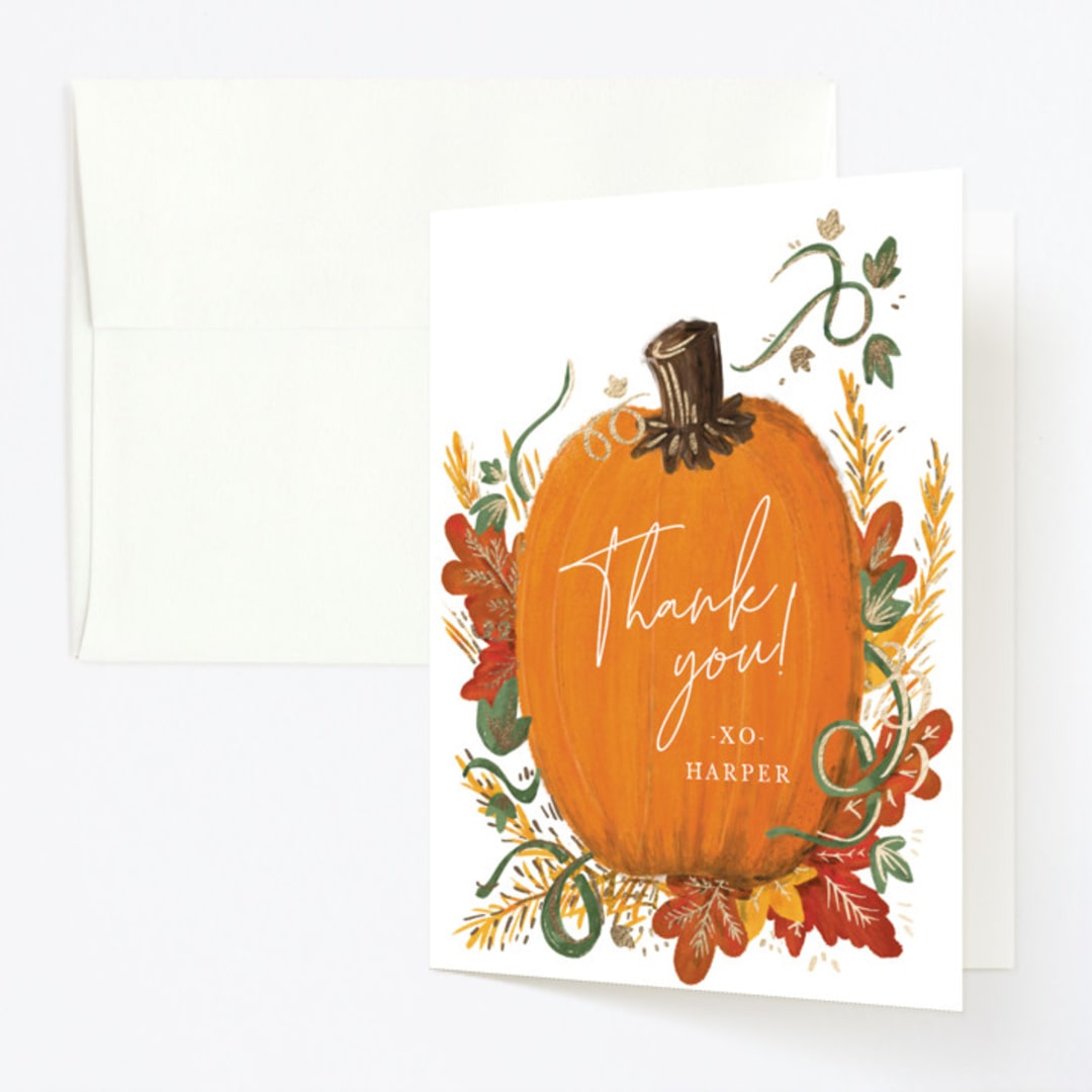 "Pumpkin Patch" - Children's Birthday Party Thank You Cards in Pumpkin by Corie Page - Front