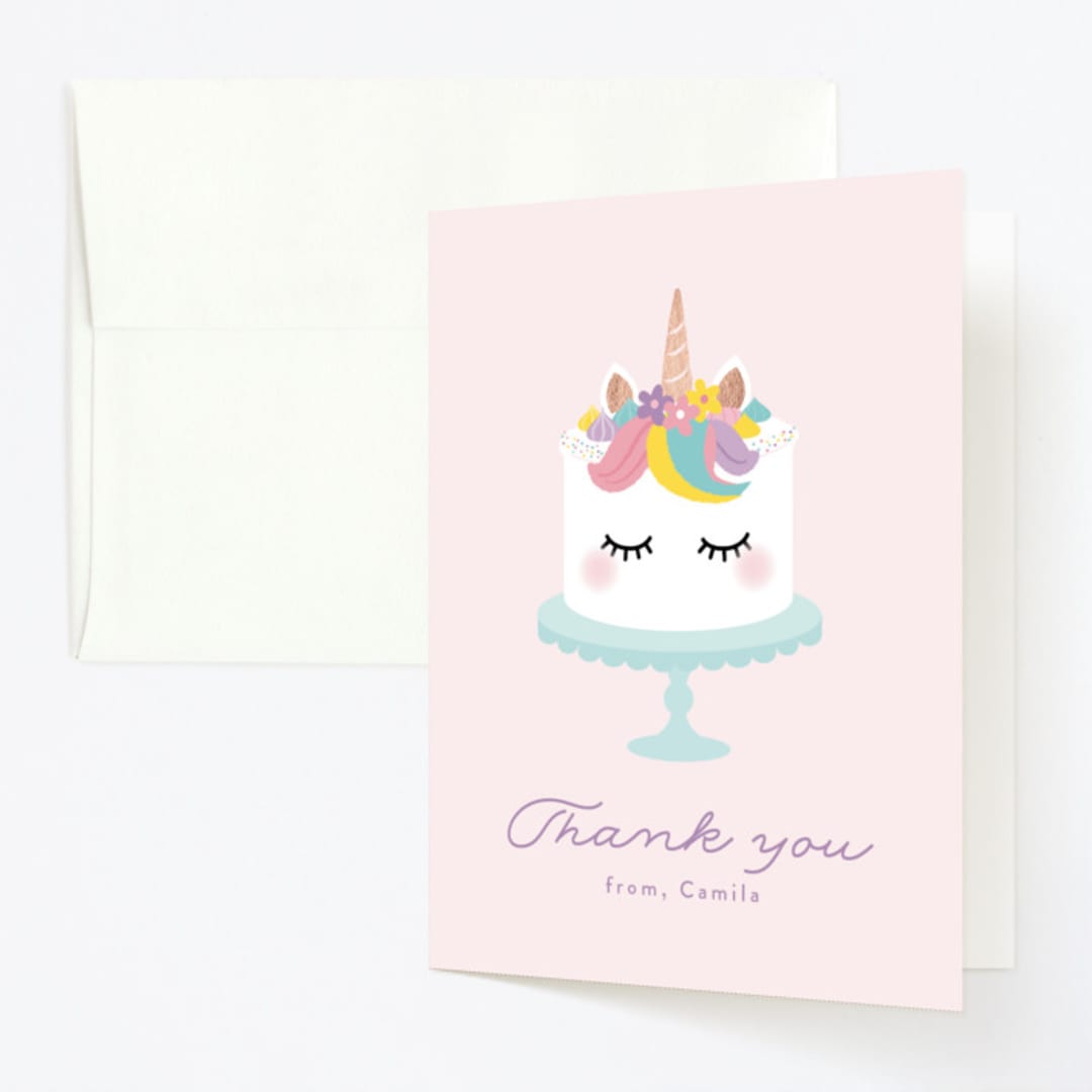 "Sweet Unicorn" - Children's Birthday Party Thank You Cards in Strawberry by Annie Holmquist - Front
