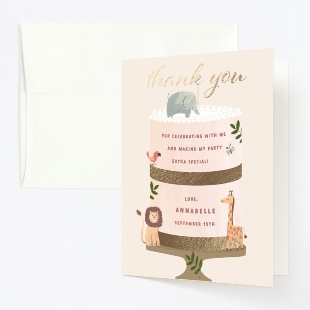 "Safari Cake" - Children's Birthday Party Thank You Cards in Cream by Teju Reval - Front