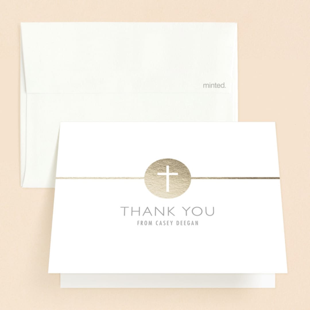 "Golden Cross" - Baptism and Christening Thank You Cards in Champagne by Erin Deegan - Front