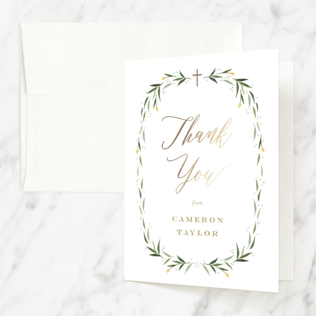 "Eucalyptus Wreath" - Baptism and Christening Thank You Cards in Canary by Carolyn MacLaren - Front
