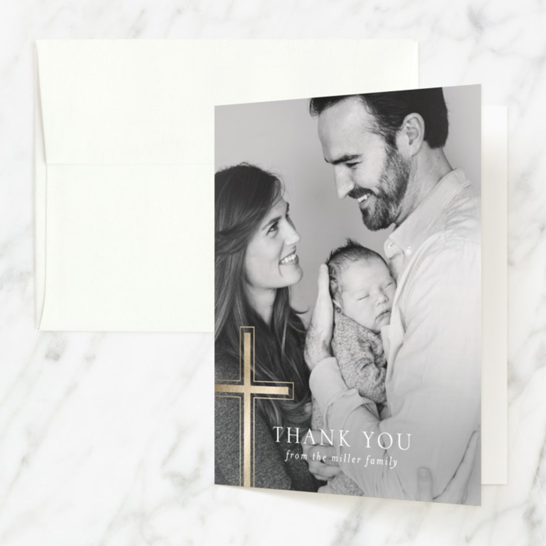"a simple cross" - Baptism and Christening Thank You Cards in Puddle by Erin Deegan - Front