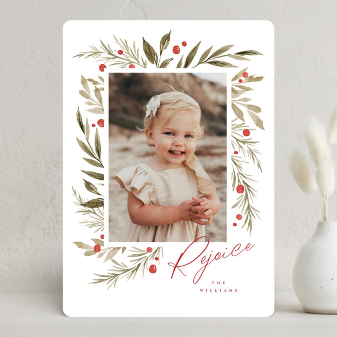 "Winter Holly Garden" - Holiday Cards in Holly Berry by Wildfield Paper Co - Front
