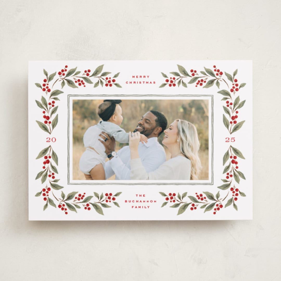 "Poinsettia + Pine" - Holiday Cards in Mistletoe by Wildfield Paper Co - Front
