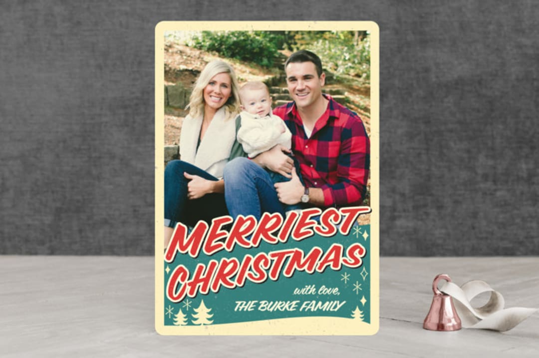 "Retro Merriest Christmas" - Holiday Cards in Teal by Nam Bourassa - Front