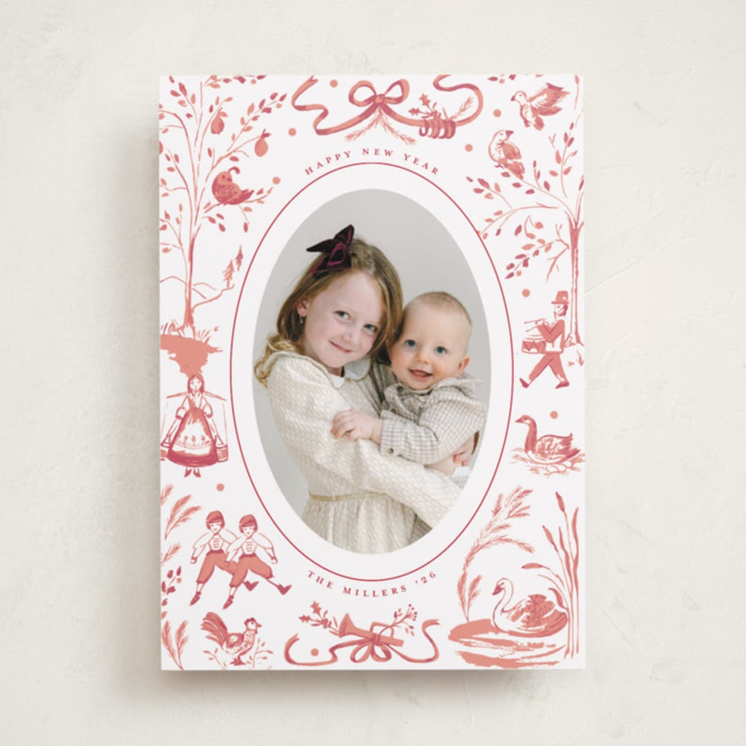 "12 Days of Christmas Toile" - Holiday Cards in Berry by Teju Reval - Front