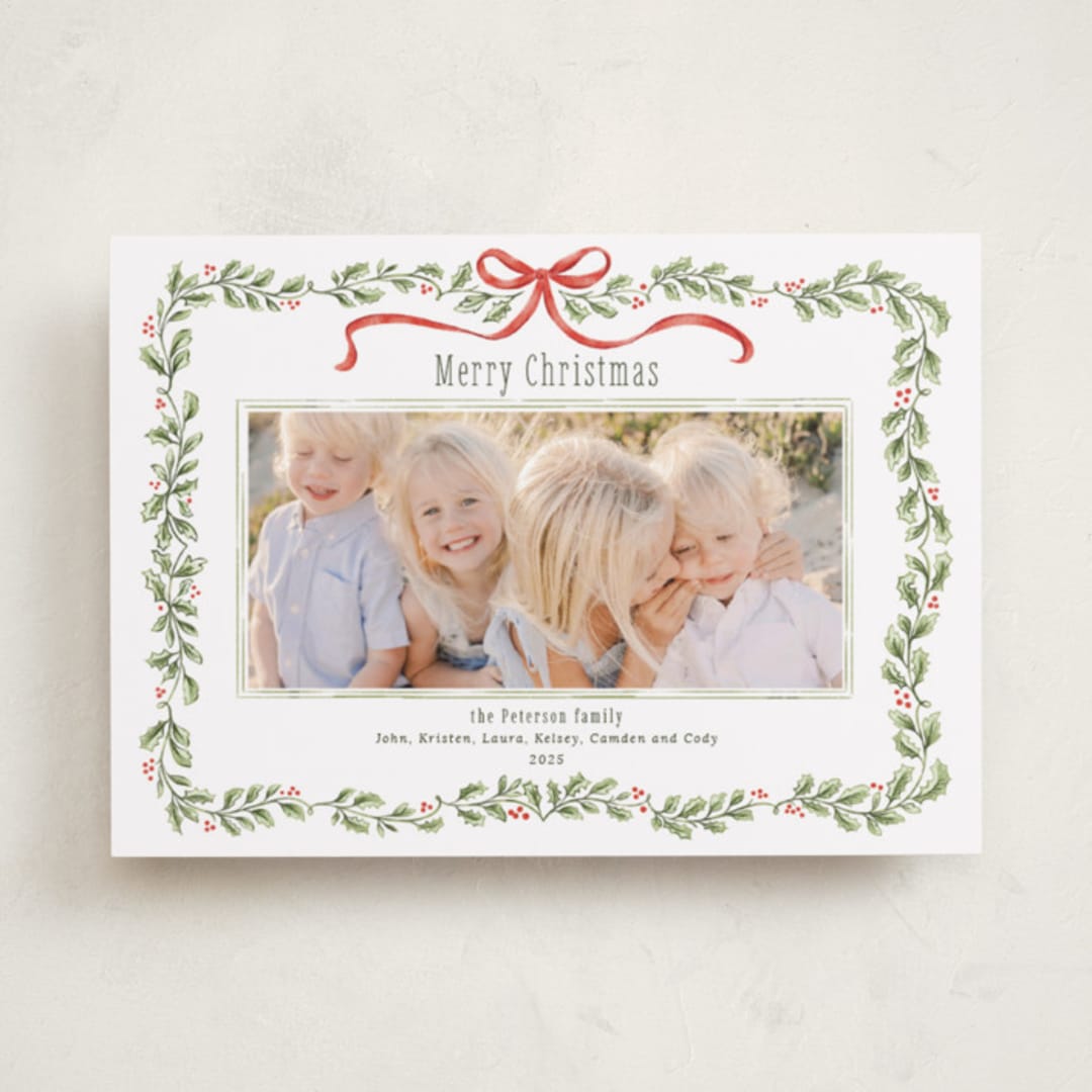 "Holly Garland and Bow" - Holiday Cards in Candy Cane by Paula Pecevich - Front