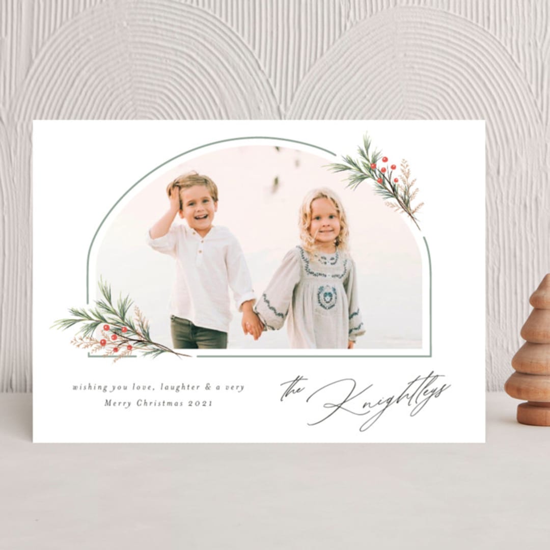 "FLOURISHED ARCH" - Holiday Cards in Sage by Melanie Kosuge - Front