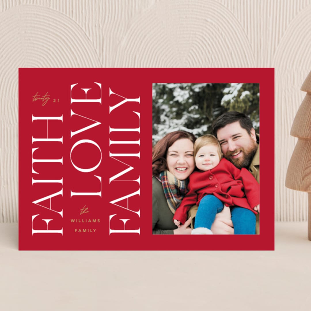 "Faith & Love & Family" - Holiday Cards in Berry by Robert and Stella - Front