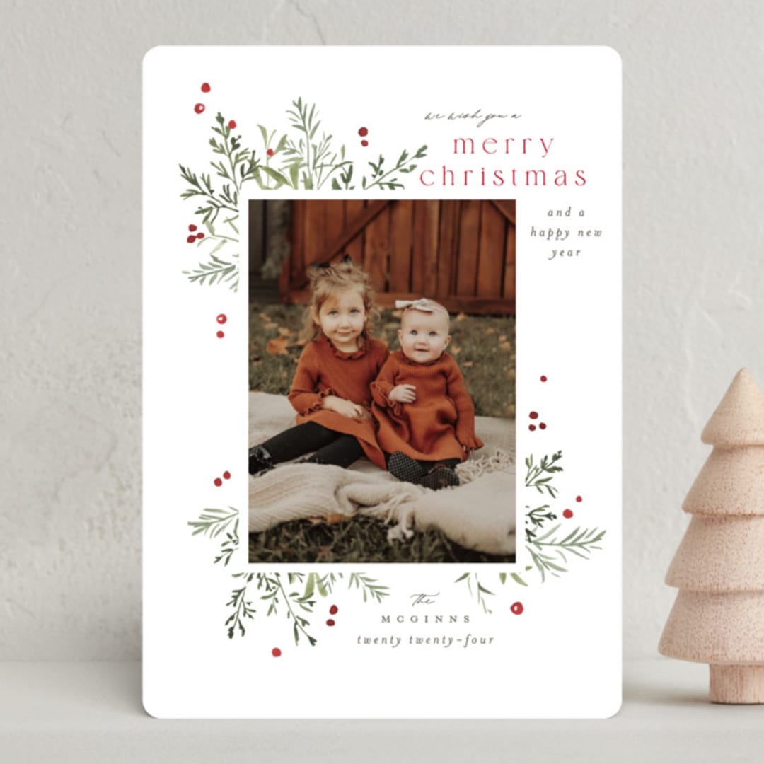 "Foliage Flourish" - Holiday Cards in Holly Berry by Everett Paper Goods - Front