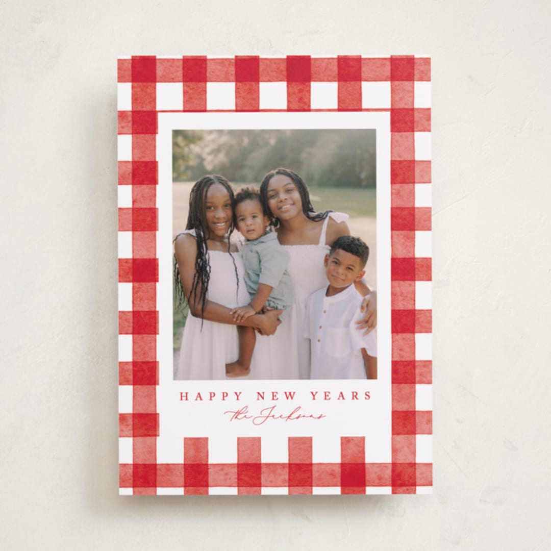 "Merry Gingham" - Holiday Cards in Santa Suit by Brooke Chandler - Front