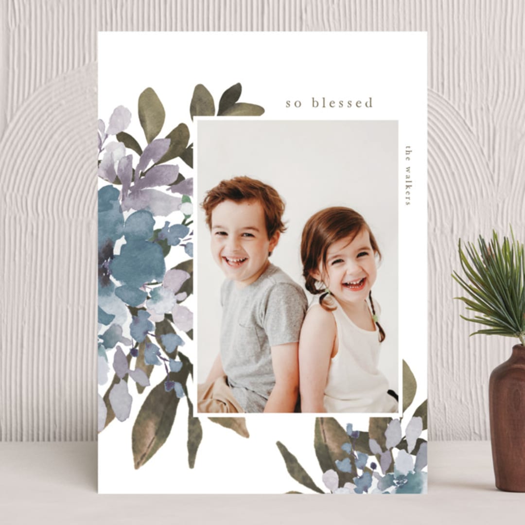 "Joyful Blooming Boughs" - Holiday Cards in Dusty Blue by Grace Kreinbrink - Front