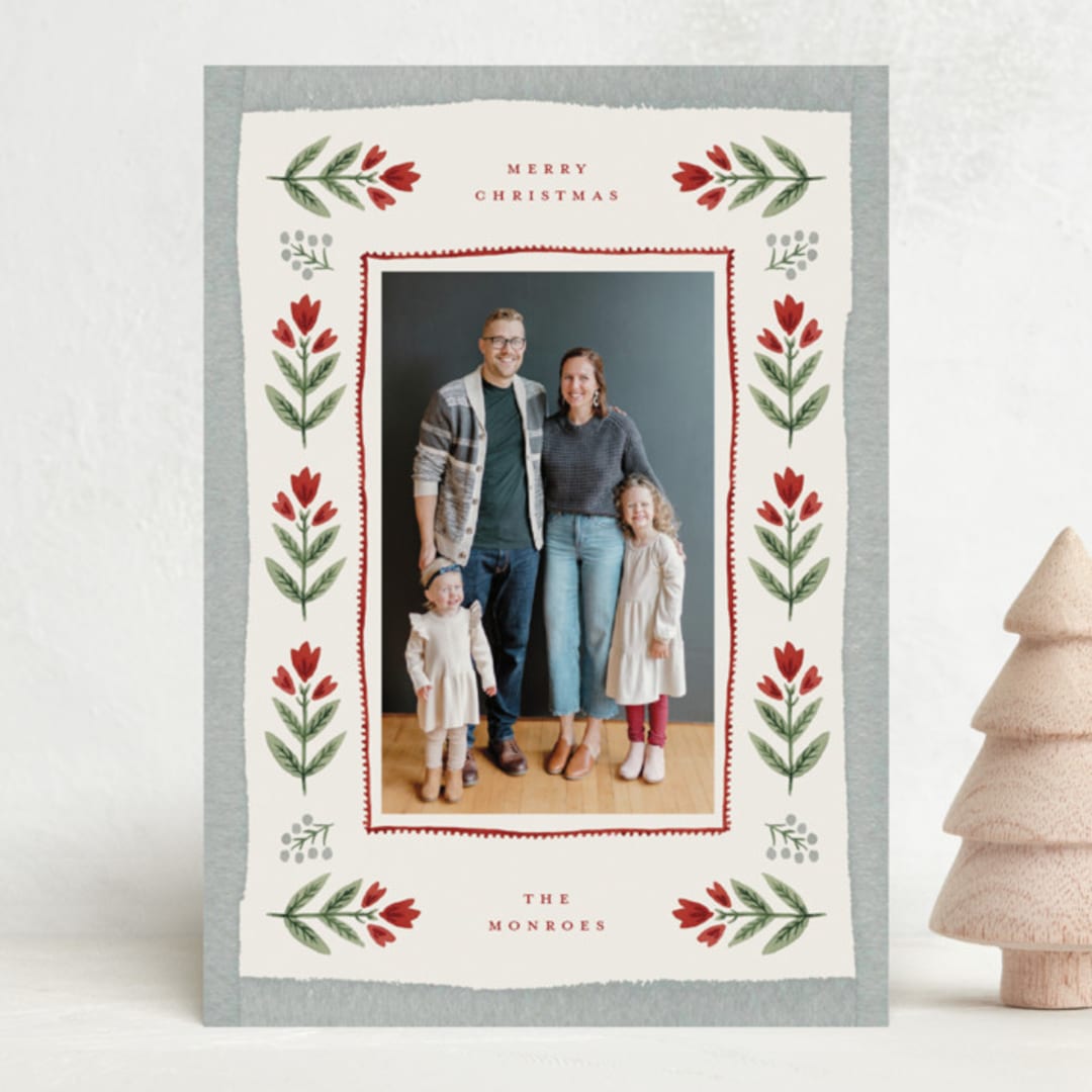 "Folk Border" - Holiday Cards in Poinsettia by Wildfield Paper Co - Front