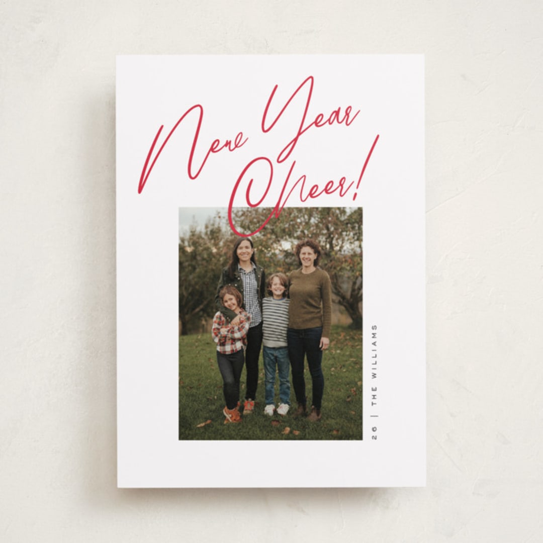 "Joy the the World Scripted" - Holiday Cards in Cranberry by Pixel and Hank - Front