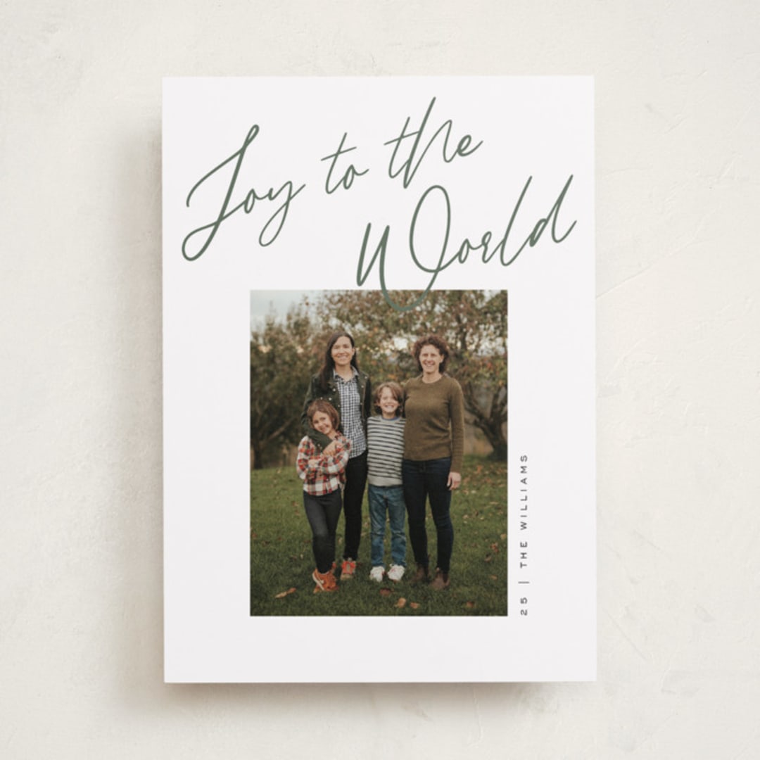 "Joy the the World Scripted" - Holiday Cards in Pine by Pixel and Hank - Front