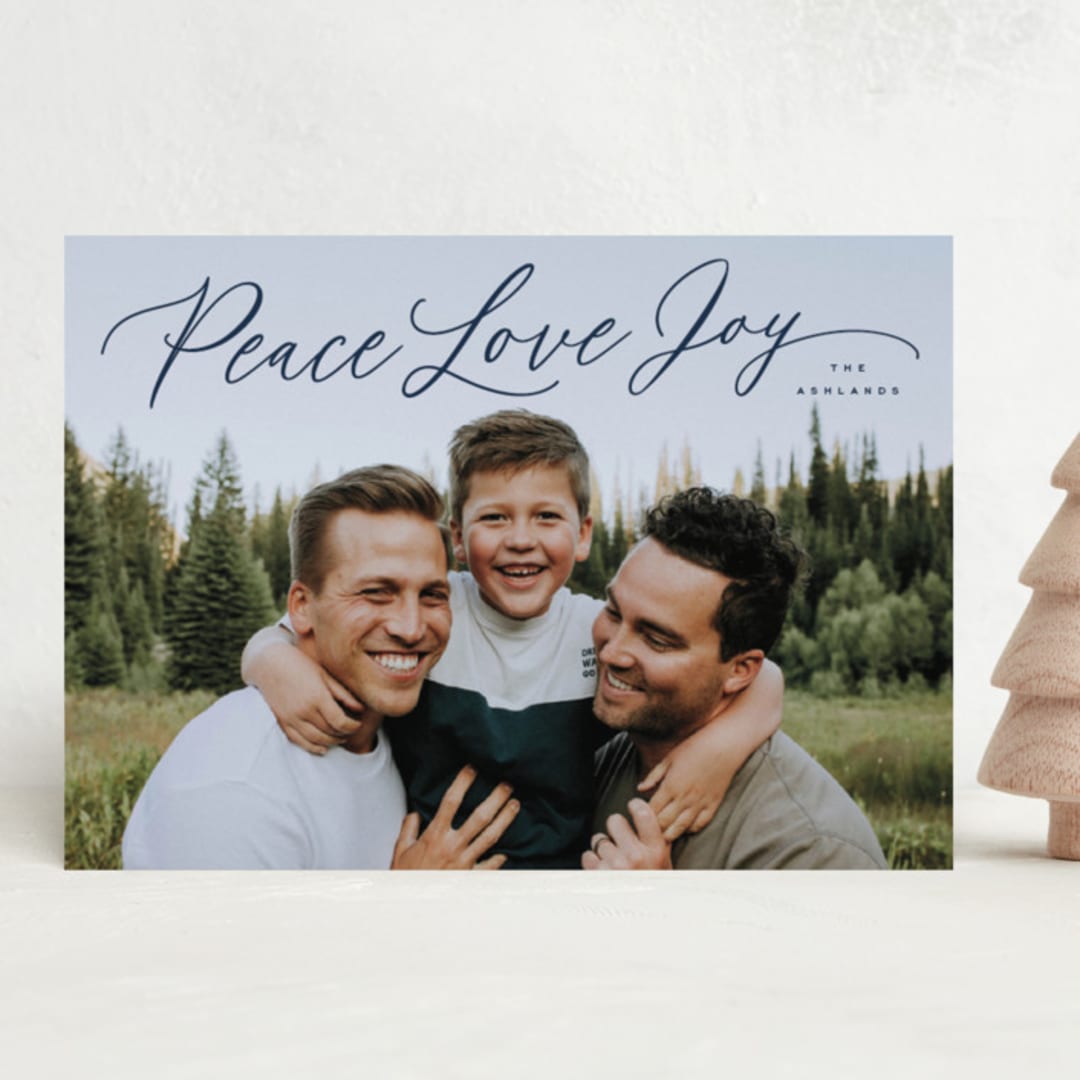 "Peace Love Joy Script" - Holiday Cards in Navy by Hooray Creative - Front