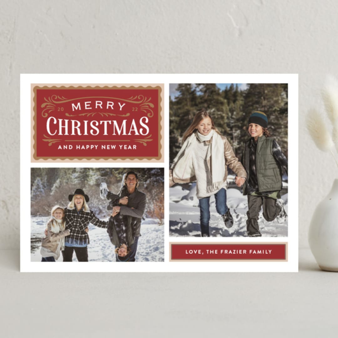 "Vintage Labels" - Holiday Cards in Cranberry by Jill Means - Front