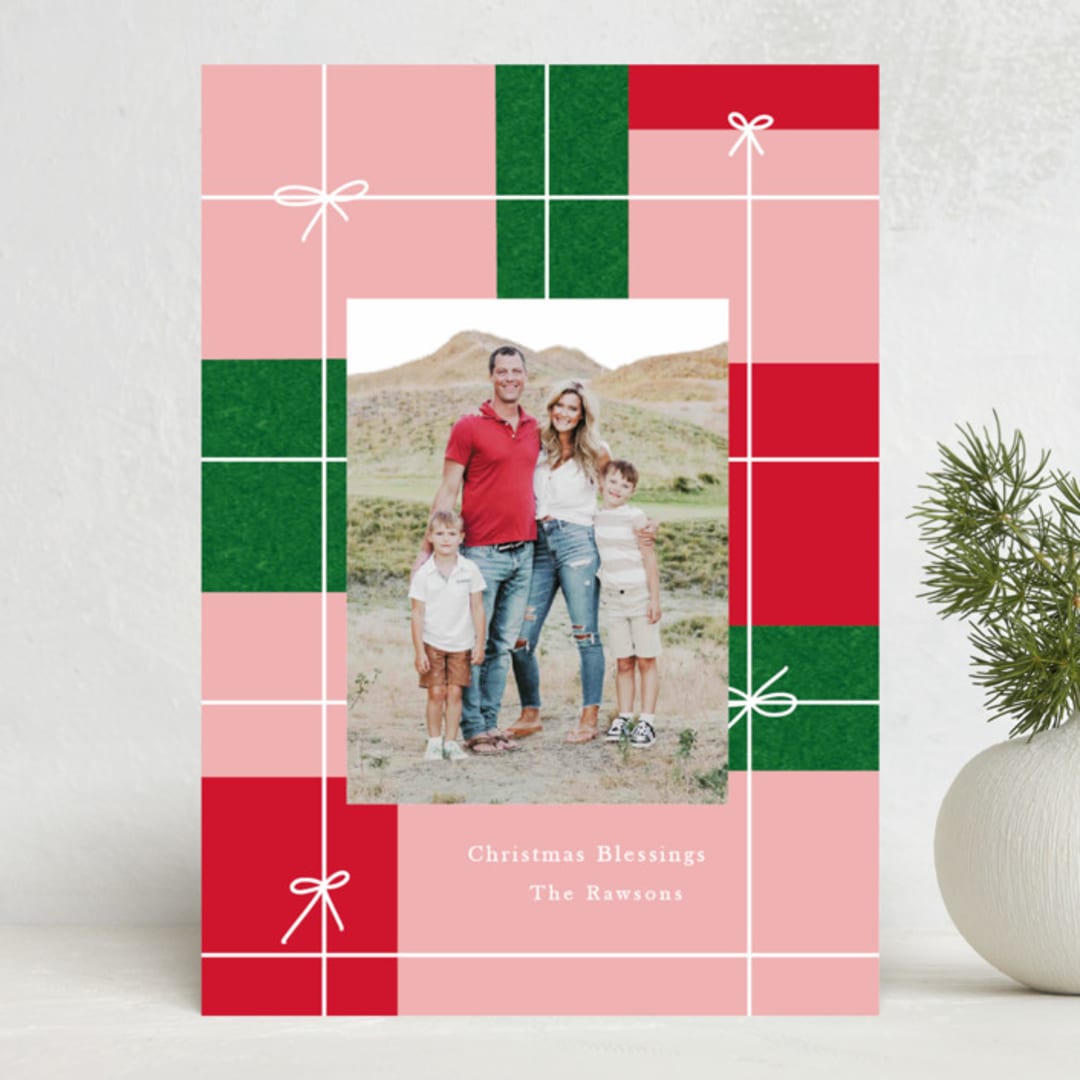"Present Plaid" - Holiday Cards in Blush by Baumbirdy - Front