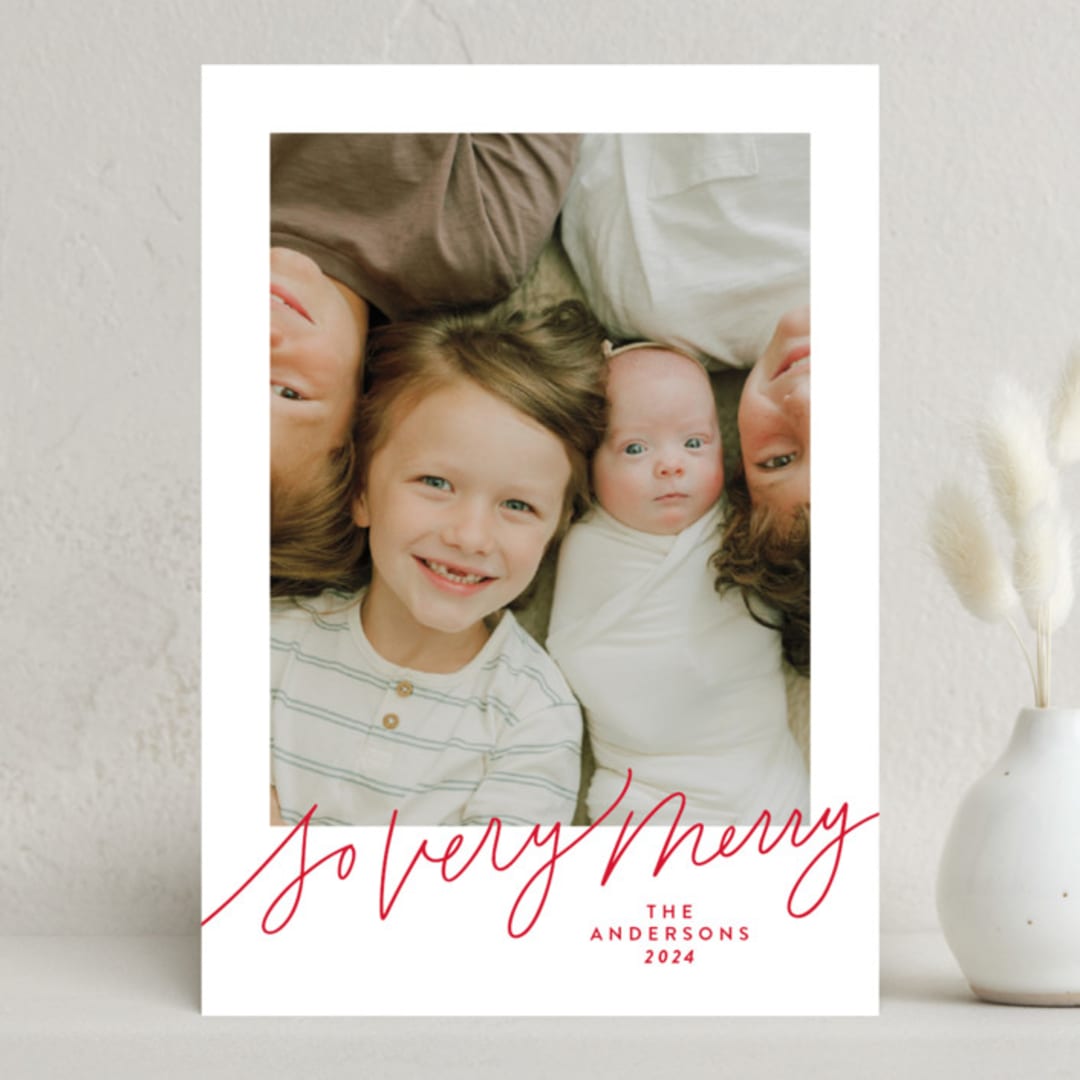 "So Very Merry Script" - Holiday Cards in Santa Suit by Kristen Magee - Front