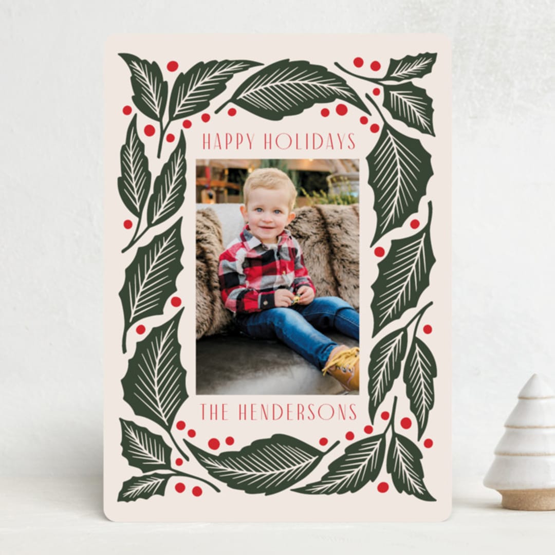 "Bold Holly Branch" - Holiday Cards in Pine by Katharine Watson - Front