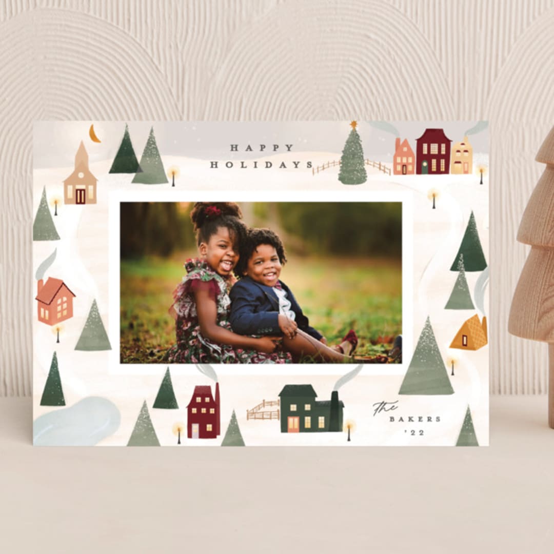 "Little Village" - Holiday Cards in Pomegranate by Julie Murray - Front