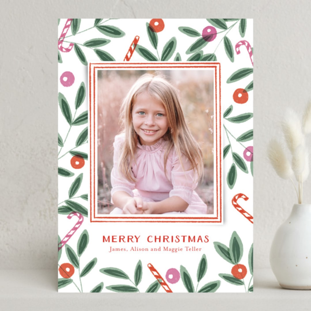 "Berries & Candy Canes" - Holiday Cards in Candy Cane by Oscar and Emma - Karly Depew - Front