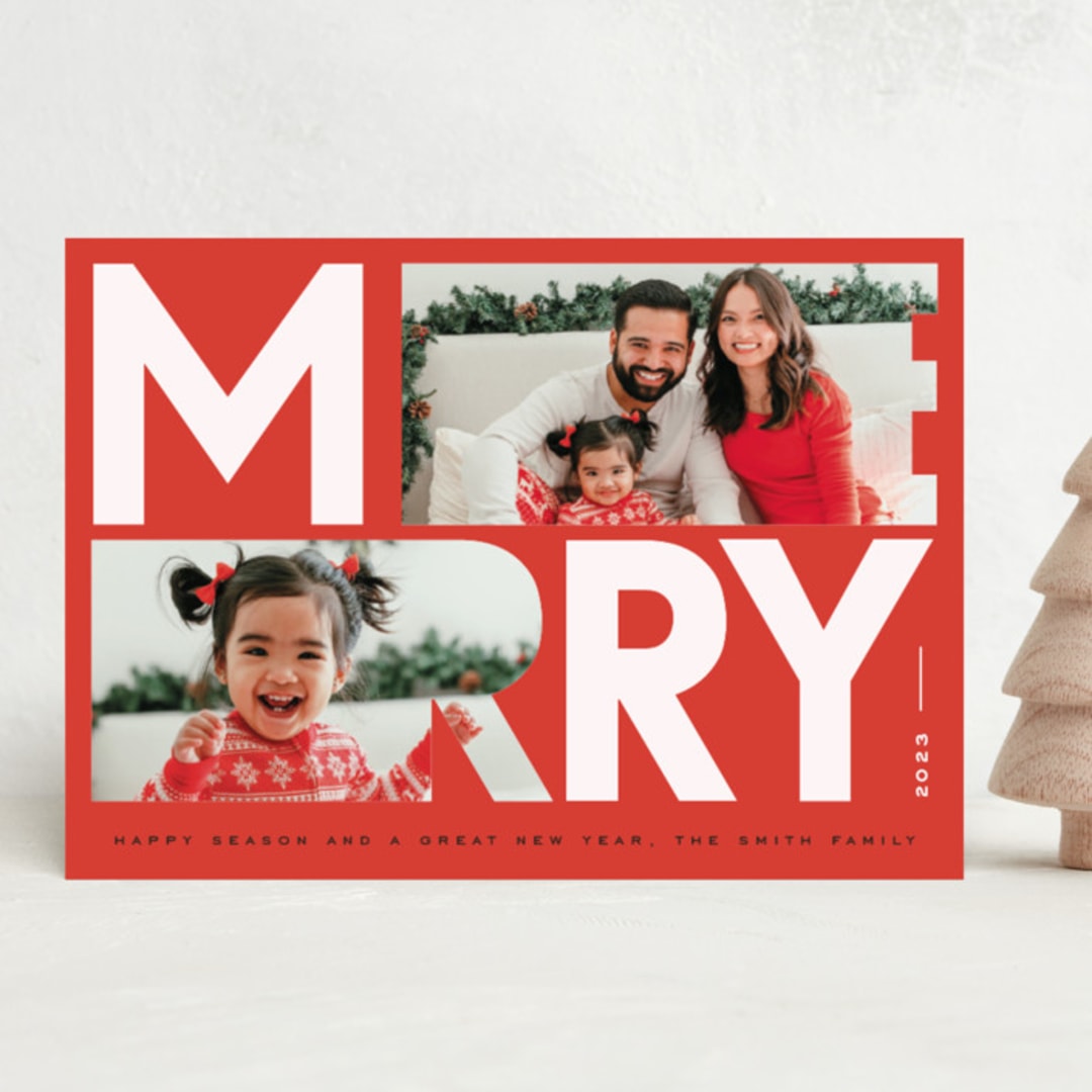 "Geometric Merry" - Holiday Cards in Santa Suit by Ana de Sousa - Front