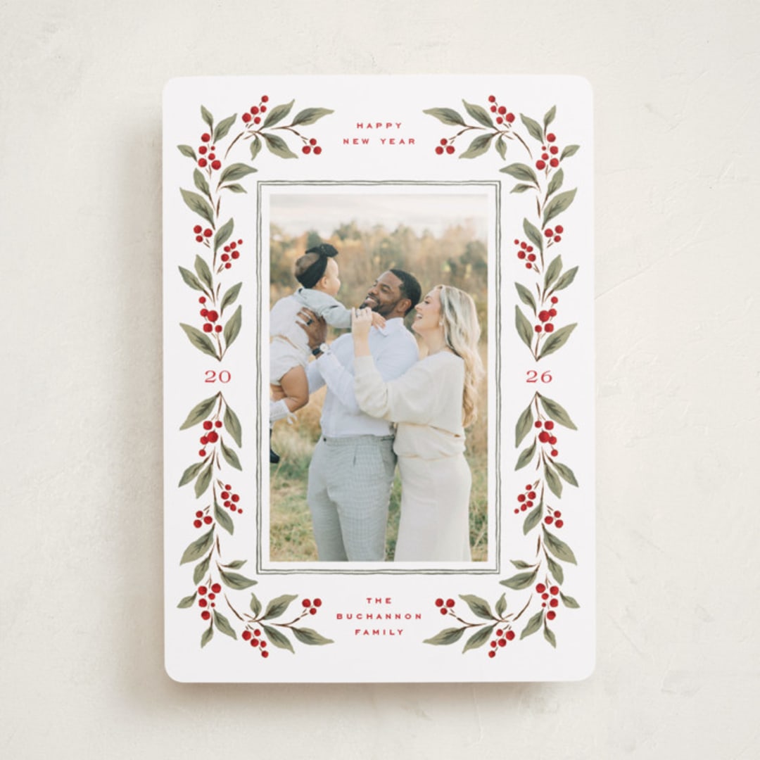 "Poinsettia + Pine" - Holiday Cards in Mistletoe by Wildfield Paper Co - Front
