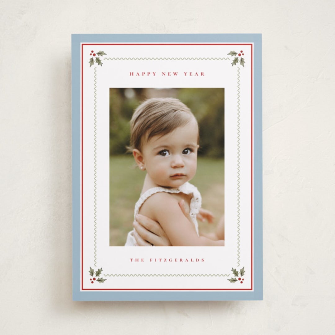 "Holly Berry Border" - Holiday Cards in Powder Blue by Wildfield Paper Co - Front