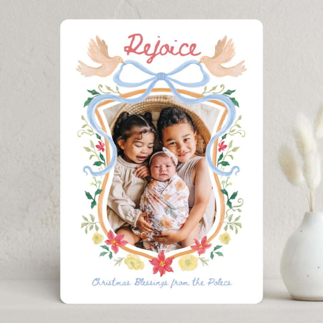 "Rejoice Christmas Crest" - Holiday Cards in Misty by Kim Thoa - Front