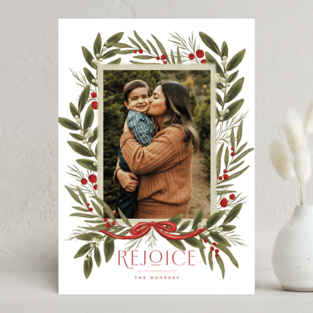 "Snowberry Wreath" - Holiday Cards in Poinsettia by Wildfield Paper Co - Front