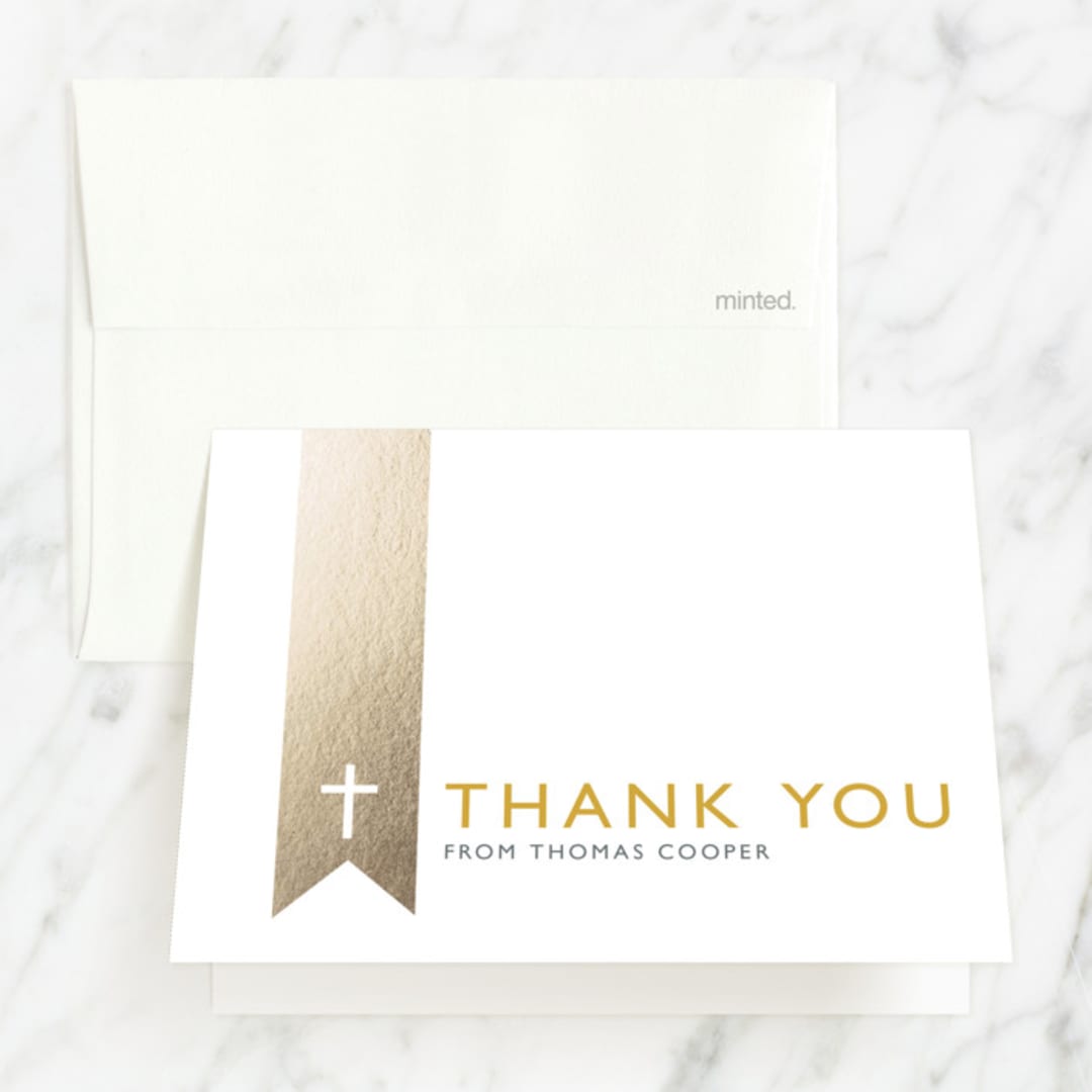 "Baptism Ribbon" - Baptism and Christening Thank You Cards in Golden Seal by Erin Deegan - Front