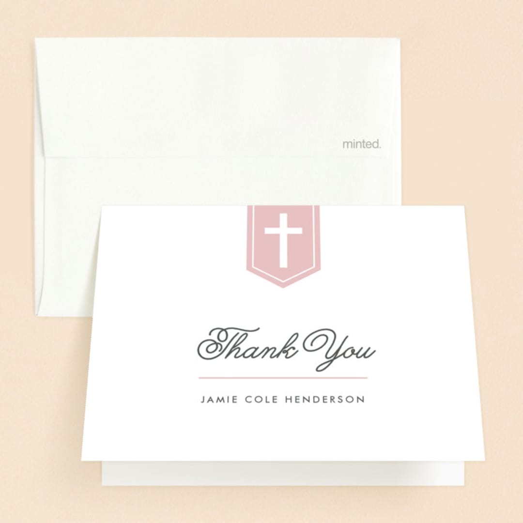 "Delicate Cross" - Baptism and Christening Thank You Cards in Bubblegum by Susan Asbill - Front