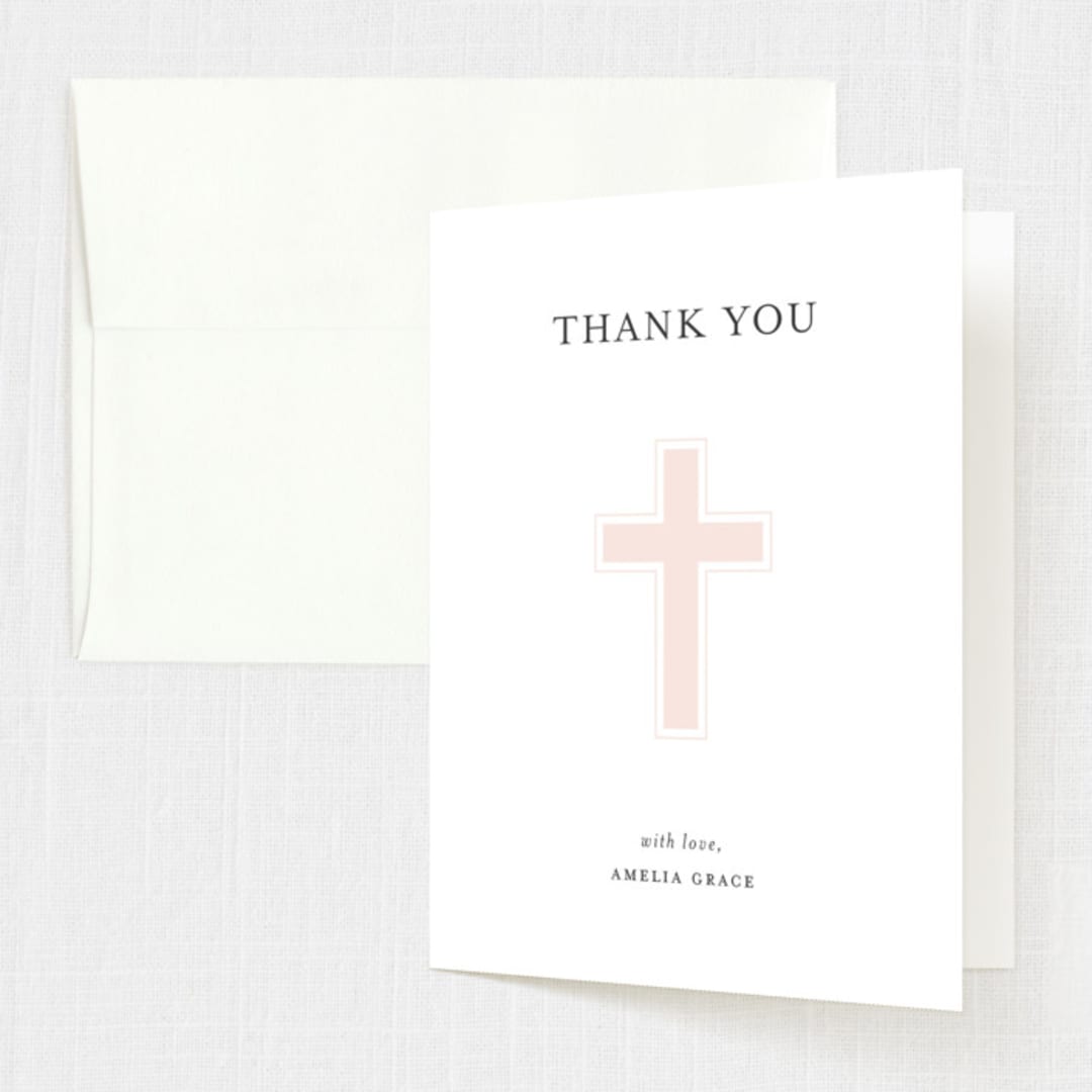 "Elegant Cross" - Baptism and Christening Thank You Cards in Rose by Chasity Smith - Front