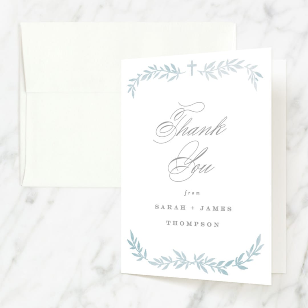 "Simple Foliage" - Baptism and Christening Thank You Cards in Mist by Everett Paper Goods - Front
