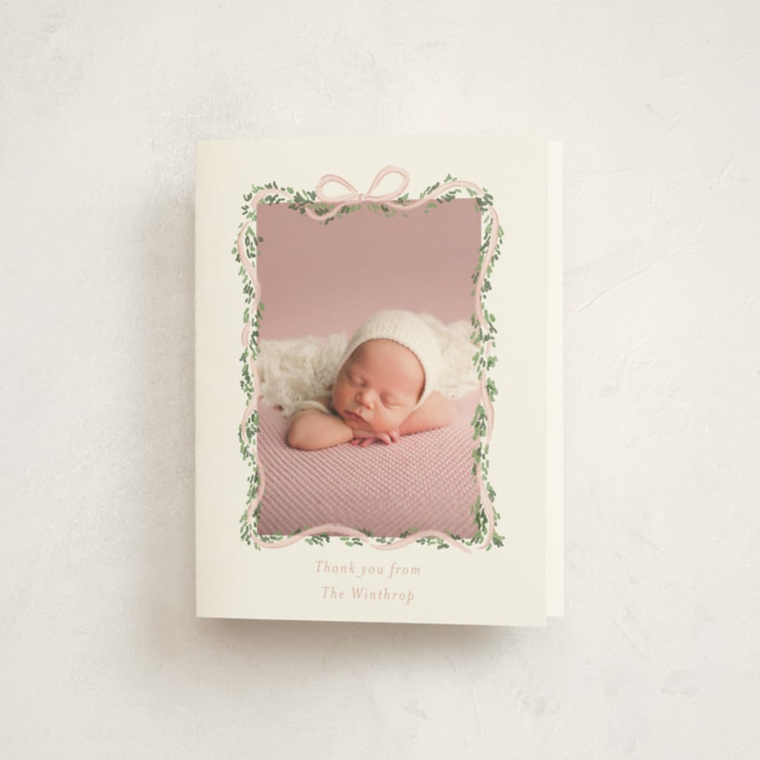 "Ribbonly Frame" - Baptism and Christening Thank You Cards in Blush by Itsy Belle Studio - Front