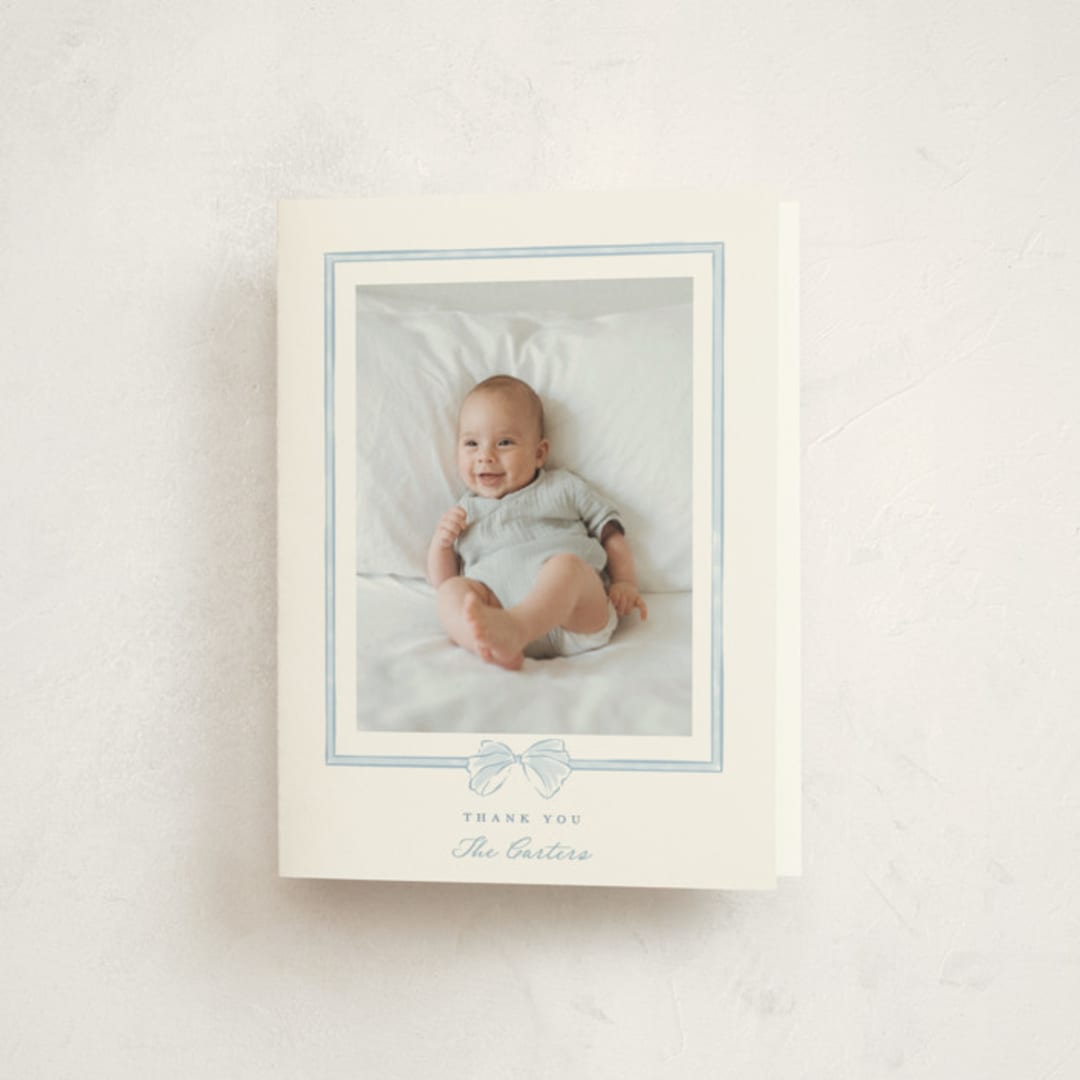 "Bow Frame" - Baptism and Christening Thank You Cards in Lagoon by Leah Bisch - Front