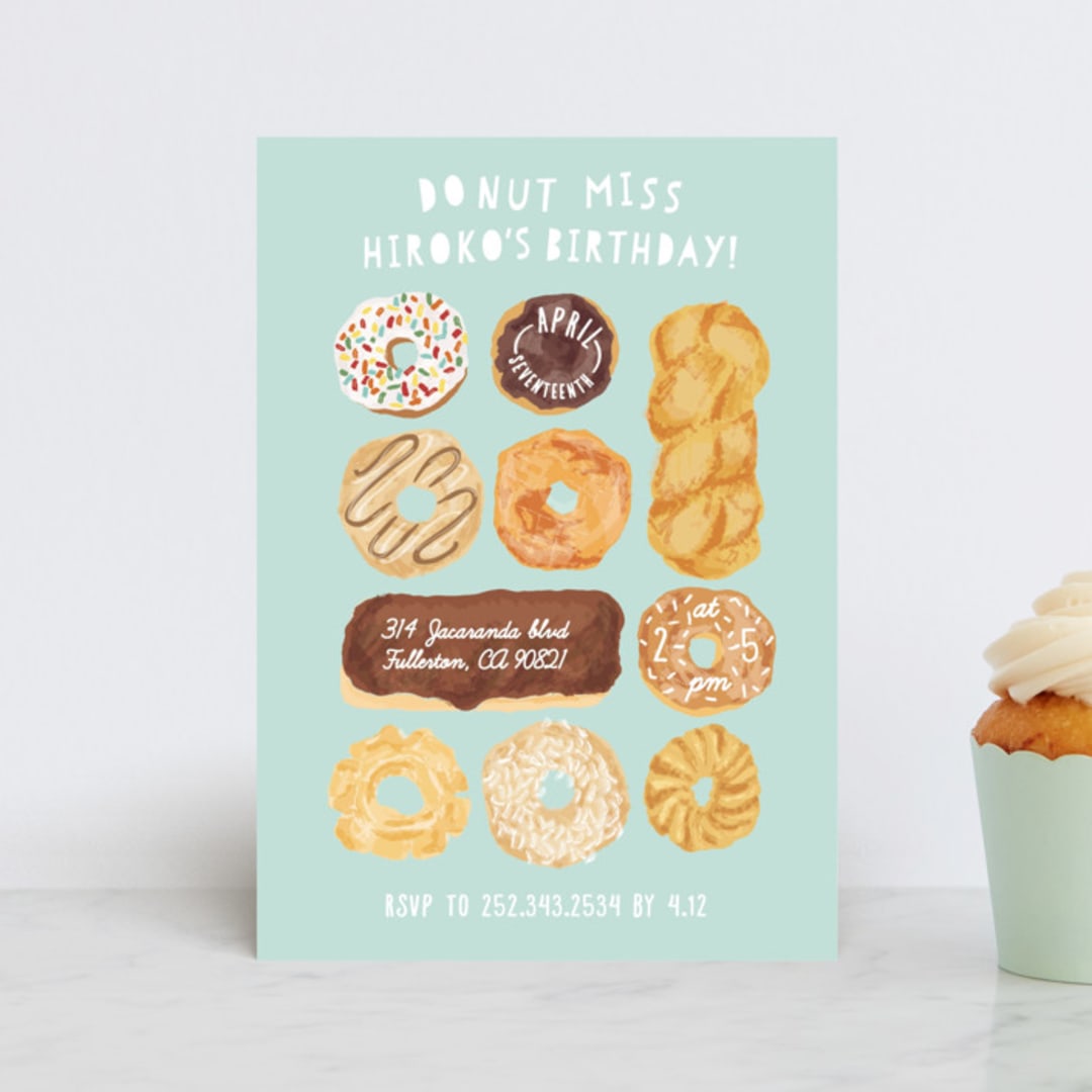 "Donut Miss The Party" - Children's Birthday Party Invitations in Blue Sky by Shiny Penny Studio - Front