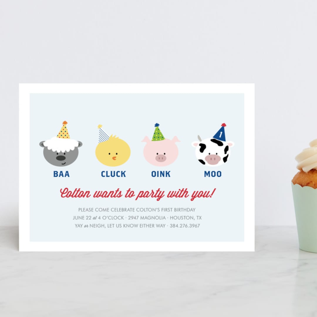 "Barnyard Crew" - Children's Birthday Party Invitations in Sky Blue by Leslie Ann Jones - Front
