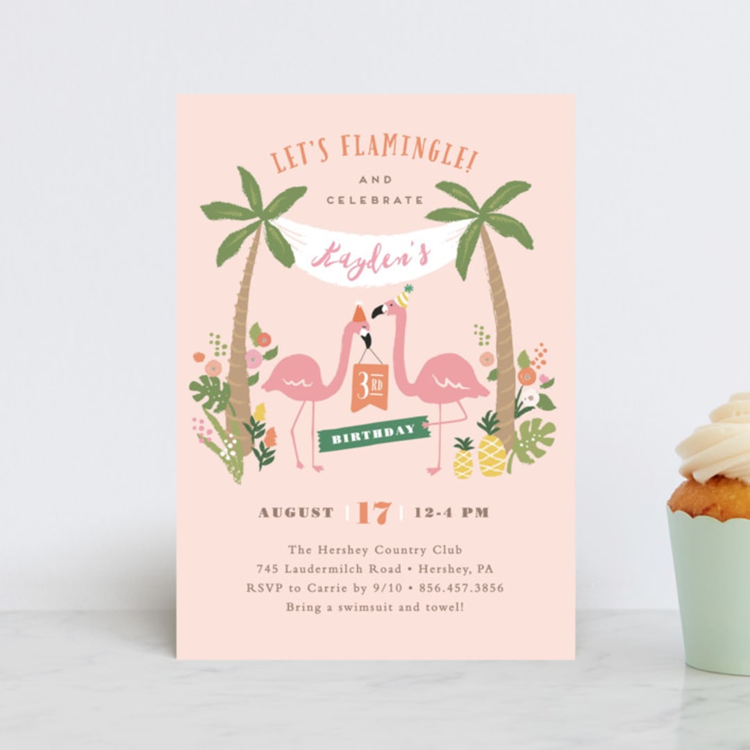 "Let's flamingle!" - Children's Birthday Party Invitations in Cotton Candy by Jennifer Wick - Front