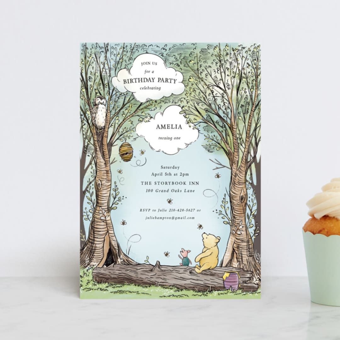 "Disney's Winnie the Pooh in the Wood" - Children's Birthday Party Invitations in Sky by Becky Nimoy - Front