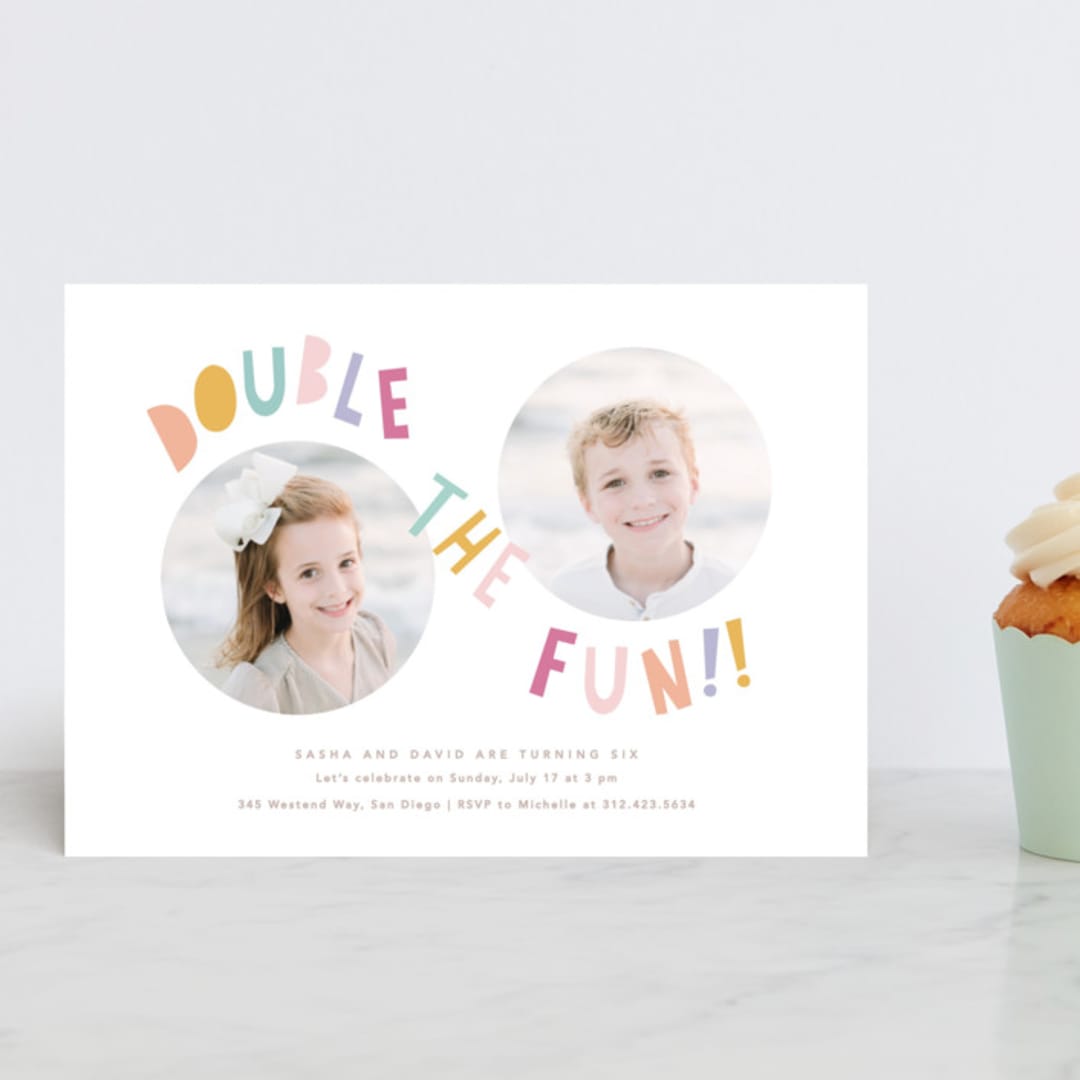 "Double the fun" - Children's Birthday Party Invitations in Sherbet by Creo Study - Front