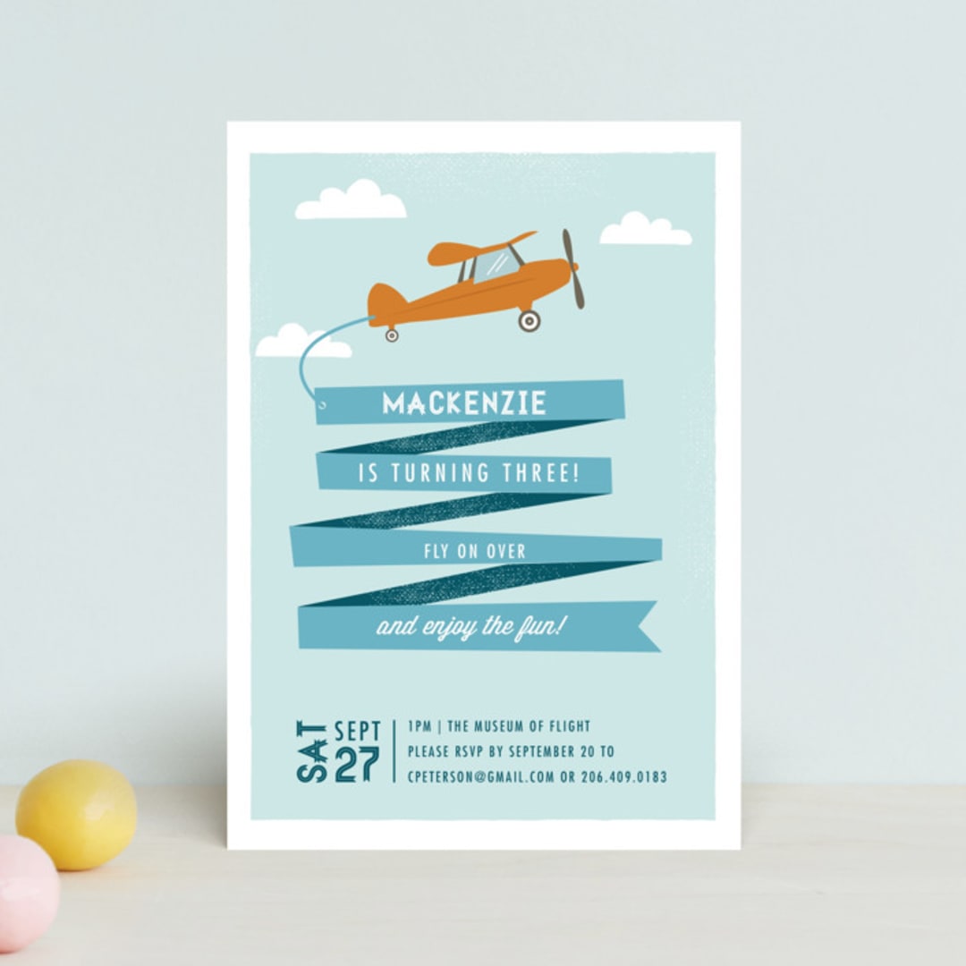 "Airplane News Stream" - Children's Birthday Party Invitations in Sky by Karidy Walker - Front